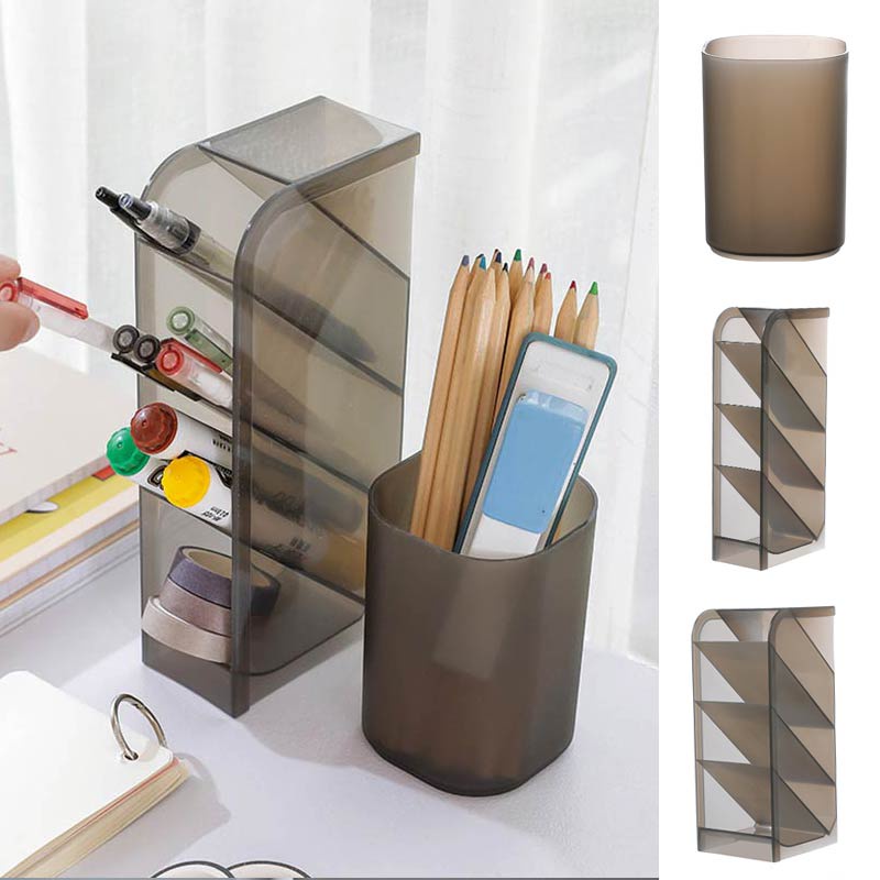 Storage Case Box Pen Plastic Holder School Clear Desktop Multi-function Pencil Organizer Grey 4 Grid