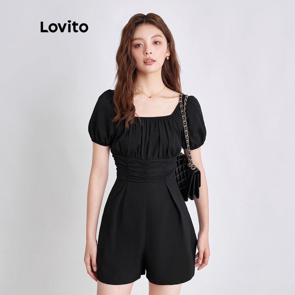 Lovito Bộ áo liền quần nữ có cổ vuông trơn màu trơn L35ED032 (Đen) | BigBuy360 - bigbuy360.vn