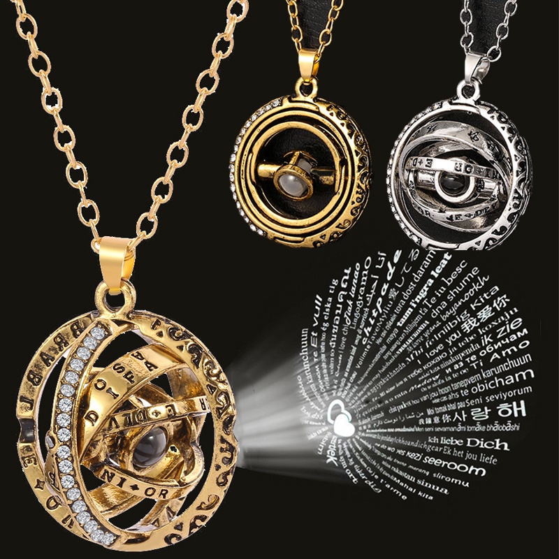 Vòng cổ Cặp Mặt Chiếu Chữ I Love You 100 Ngôn Ngữ Lãng Mạn Sáng Tạo Có Thể Xoay Được