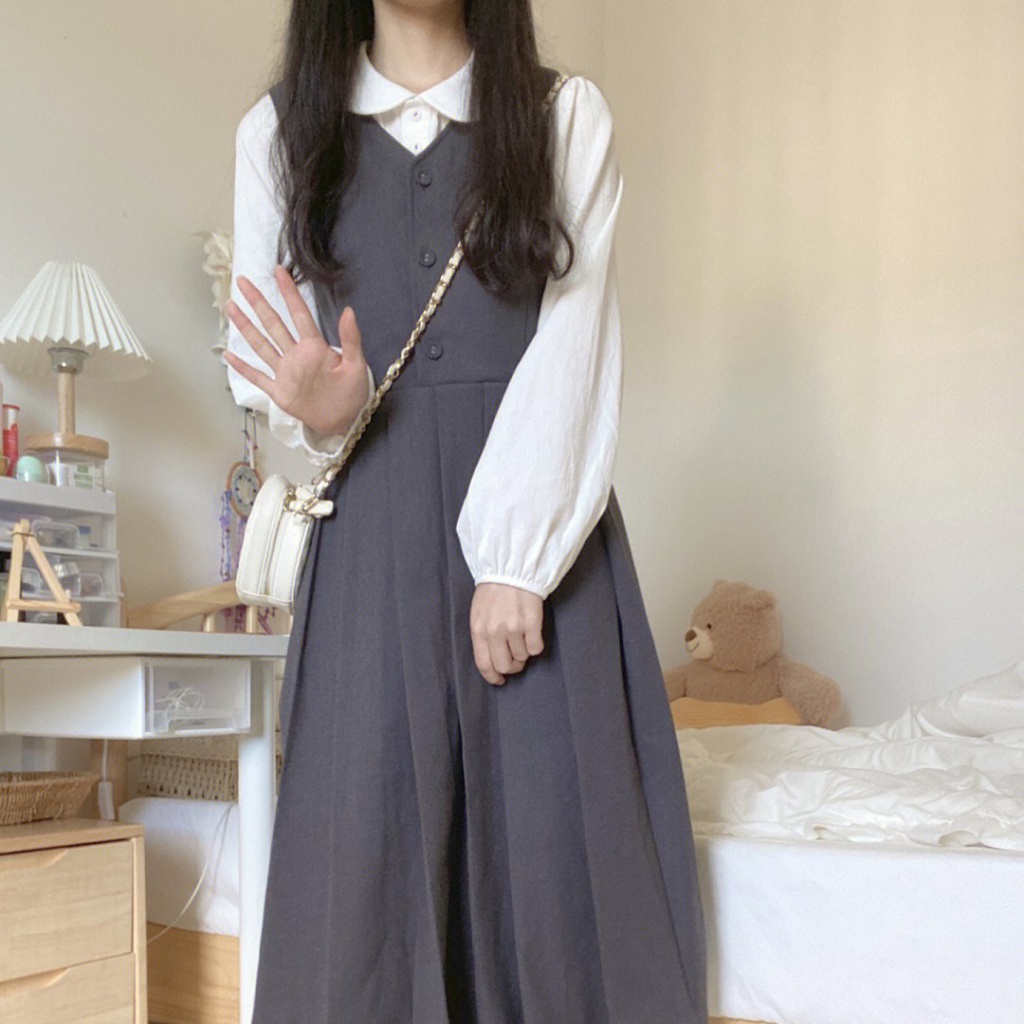 Set Áo Sơ Mi Cổ Búp Bê + Đầm Hai Dây Phong Cách Retro Pháp Hàng Mới 2023