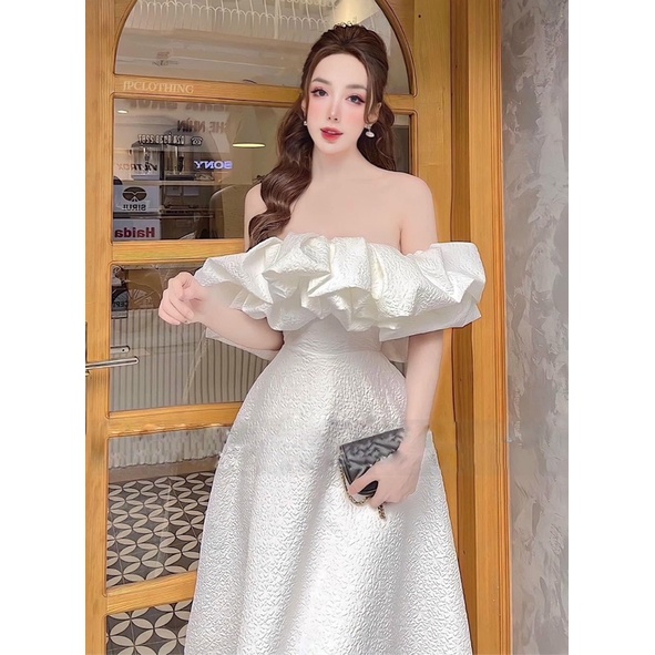 ĐẦM DỰ TIÊC MIDI GẤM TRỄ VAI BÈO GANA H DRESS