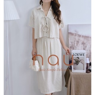 Set linen áo phối dây cột chân váy midi