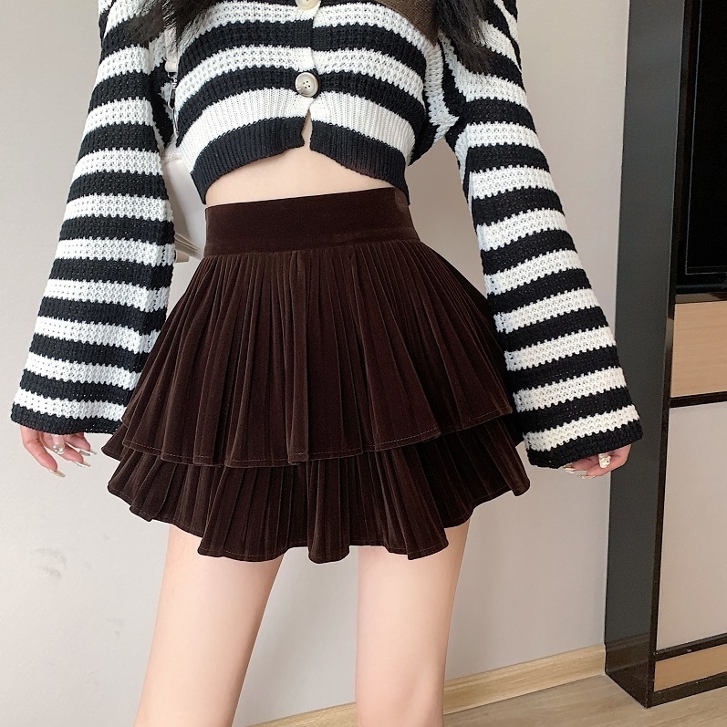 Chân Váy Nhung Xếp Ly Hai Lớp Lưng Cao Màu Trơn Thời Trang Hàn Quốc Dành Cho Nữ