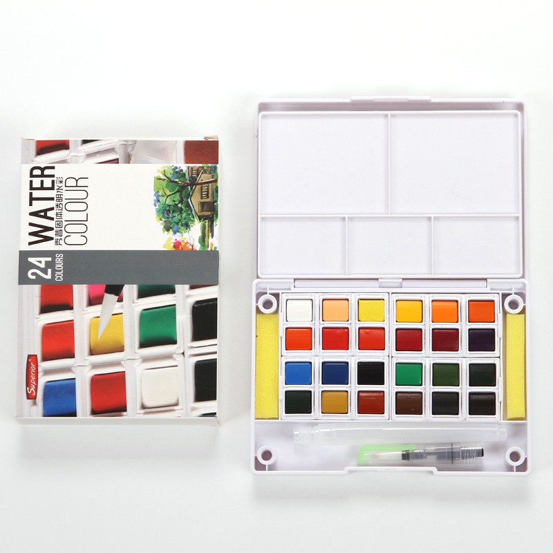 Bộ Màu Nước Dạng Nén SUPERIOR Solid Water Color Tặng Kèm 1 Bút Nước, 2 Mút, 1 Palette - 24 Màu
