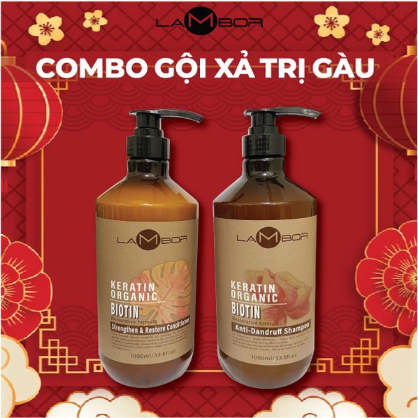 Dầu Gội Dầu Xả Keratin LAMBOR 1000ml * 2 Sạch Gàu Phục Hồi Kích Thích Mọc Tóc Thải Độc Da Đầu