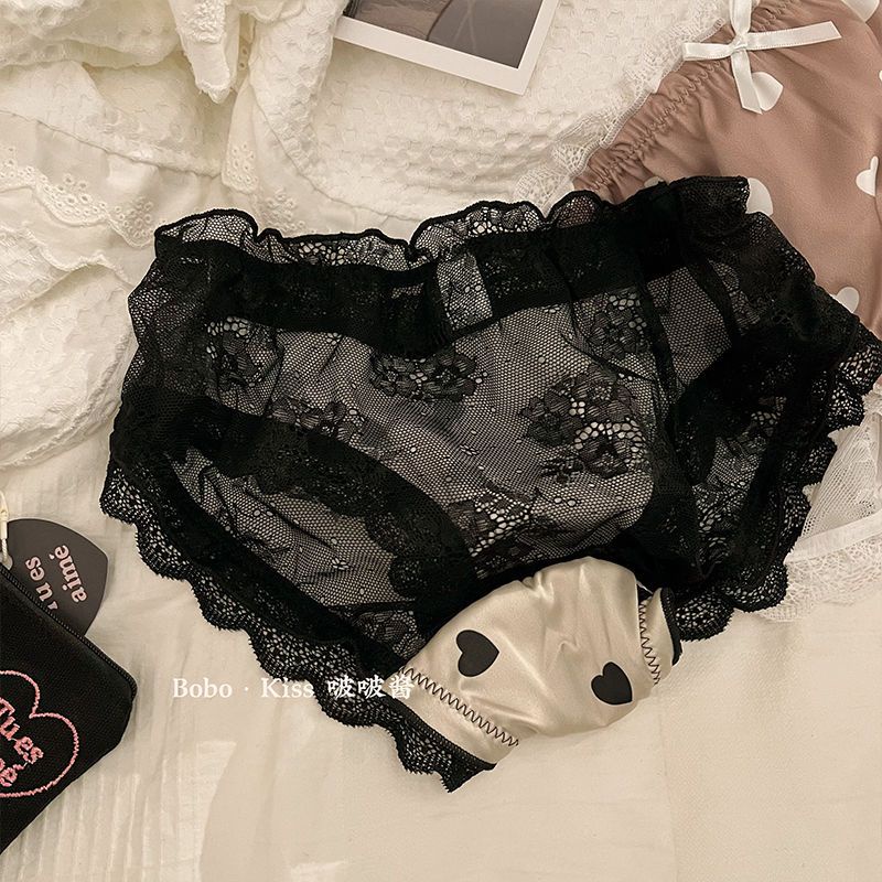 Bộ 3 Quần Lót Cotton Lụa Phối Ren Lưng Thấp Thoáng Khí Màu Đen Thời Trang Mùa Đông Quyến Rũ Cho Nữ
