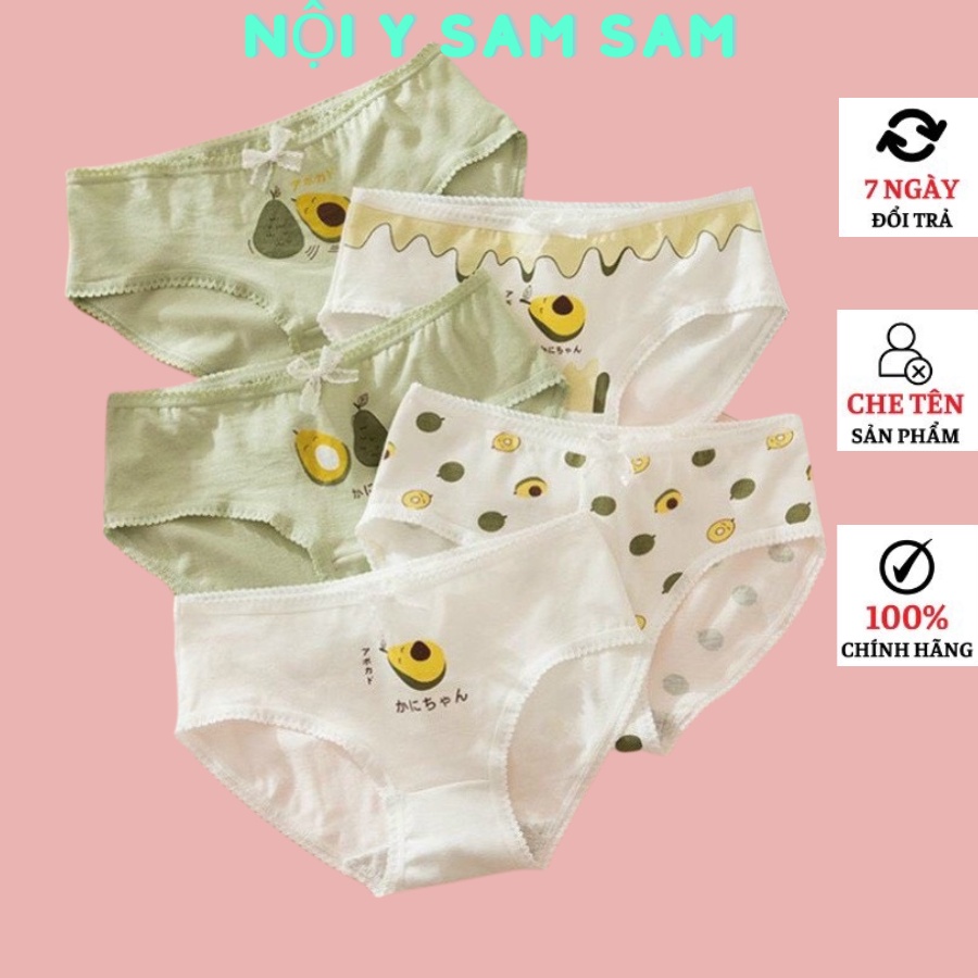 Quần lót cotton kute trái bơ SAM SAM. Chíp Có 2 nền Màu trắng và xanh đáy lót kháng khuẩn. Size cho nàng 40-65kg