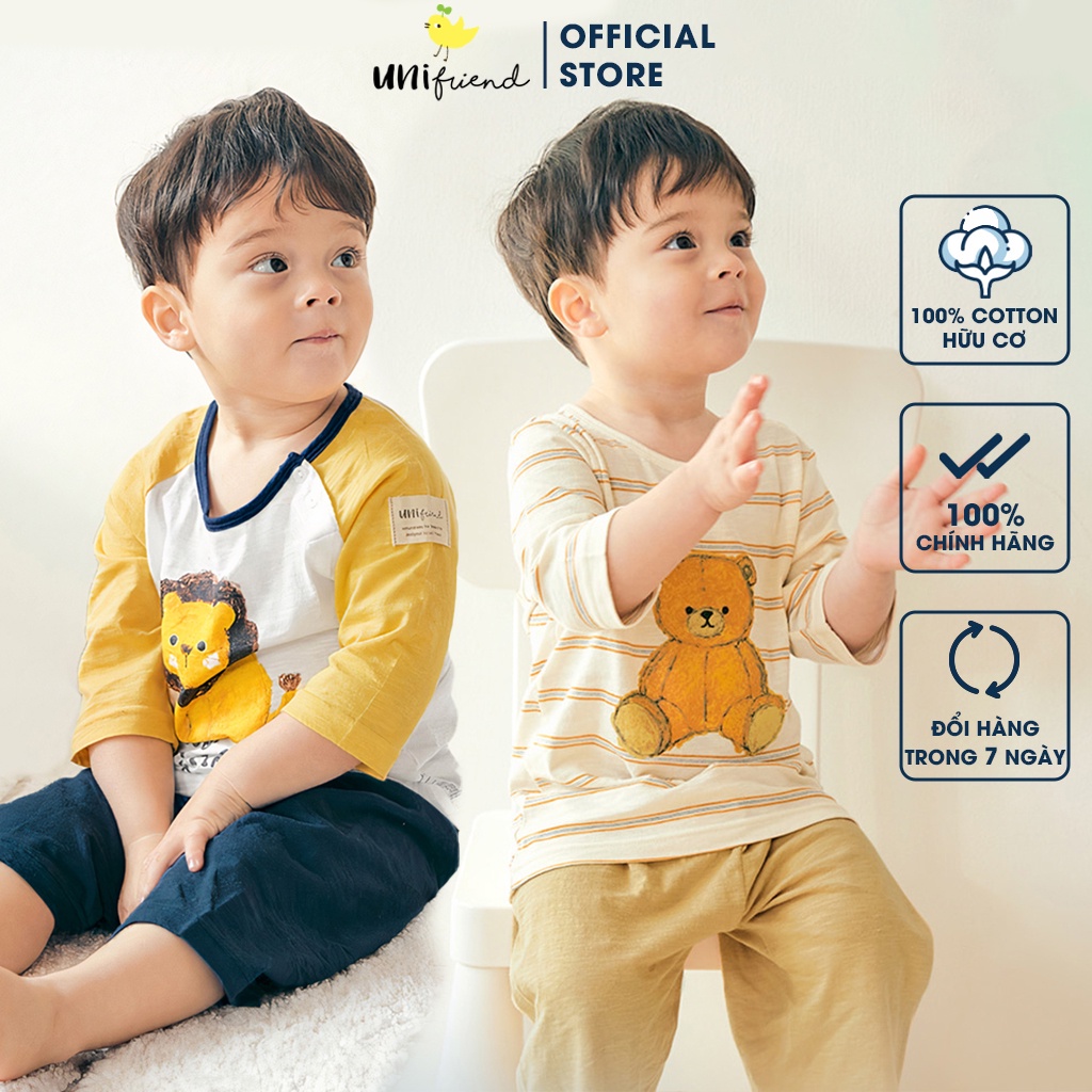 Đồ bộ lửng quần áo thun cotton mặc nhà mùa hè cho bé trai Unifriend Hàn