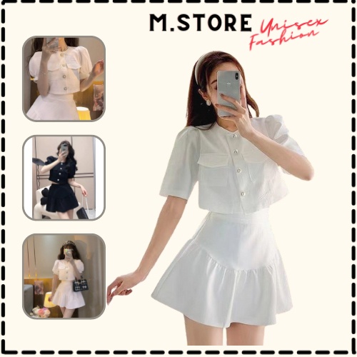 Set váy nữ áo croptop cúc ngọc mix chân váy xòe tiểu thư phong cách Hàn Quốc mặc đi học đi làm đi chơi M.Store Sv1600