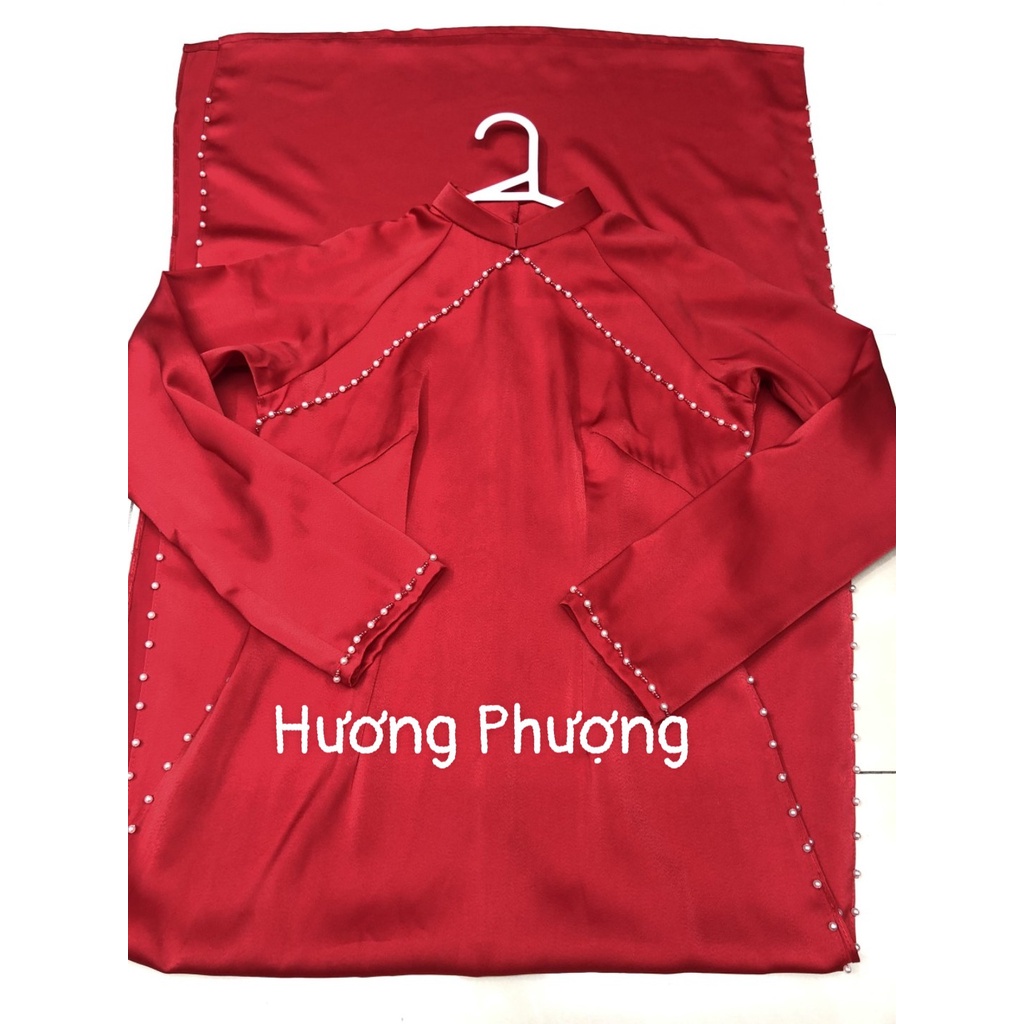 ÁO DÀI LỤA NGỌC TRAI ĐỎ ĐÍNH TRAI