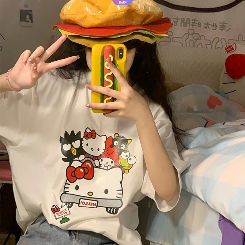Áo Thun Cotton Mỏng Mùa Hè Tay Lửng Dáng Rộng In Họa Tiết Hoạt Hình Sanrio Đáng Yêu Cho Nữ