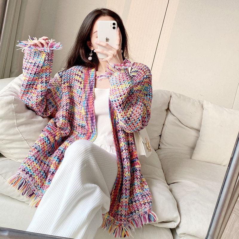 Áo Khoác cardigan Len Dáng Rộng Phối Tua Rua Màu Cầu Vồng Thời Trang 2022 Cho Bạn Gái Thẻ