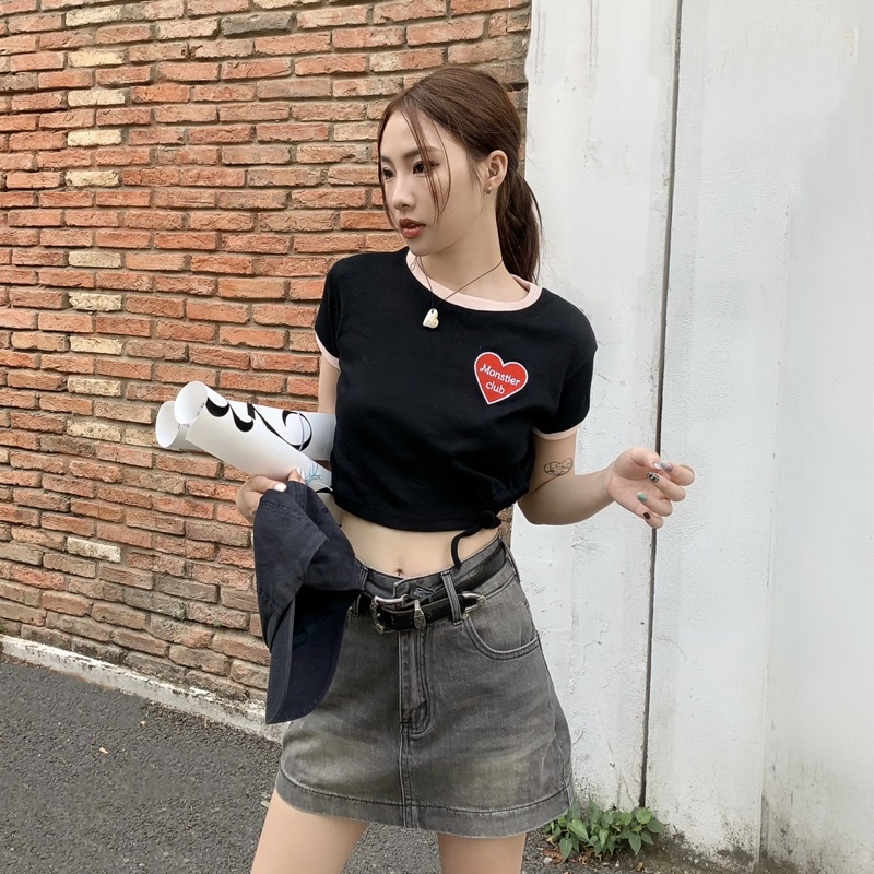 Áo Croptop Dây Rút chiết eo siu xinh - Thêu Trái Tim Chữ Monstier
