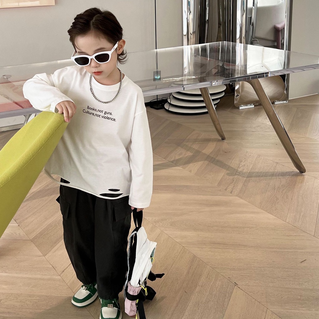 Áo thun dài tay bé trai rách gấu A252 size 90-140, quần áo trẻ em quảng châu cao cấp