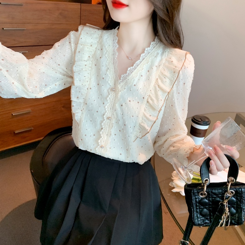 Áo Sơ Mi Chiffon Tay Dài Cổ Chữ V Phối Ren Họa Tiết Chấm Bi Thời Trang Mùa Xuân 2023 Mới Cho Nữ