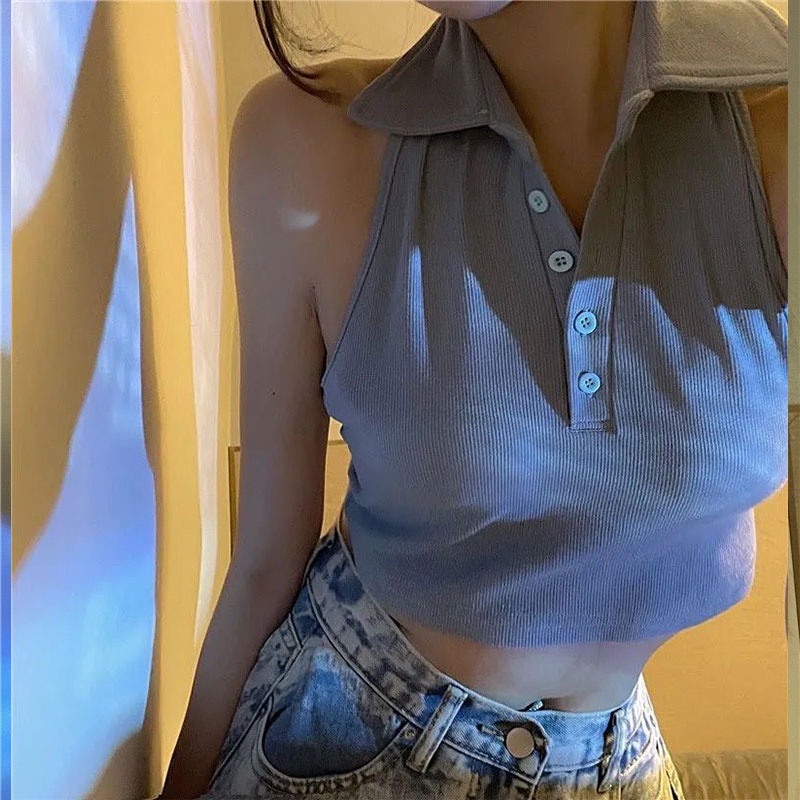 Áo Hai Dây Cổ Polo Màu Trơn Thời Trang Mùa Hè Cho Nữ