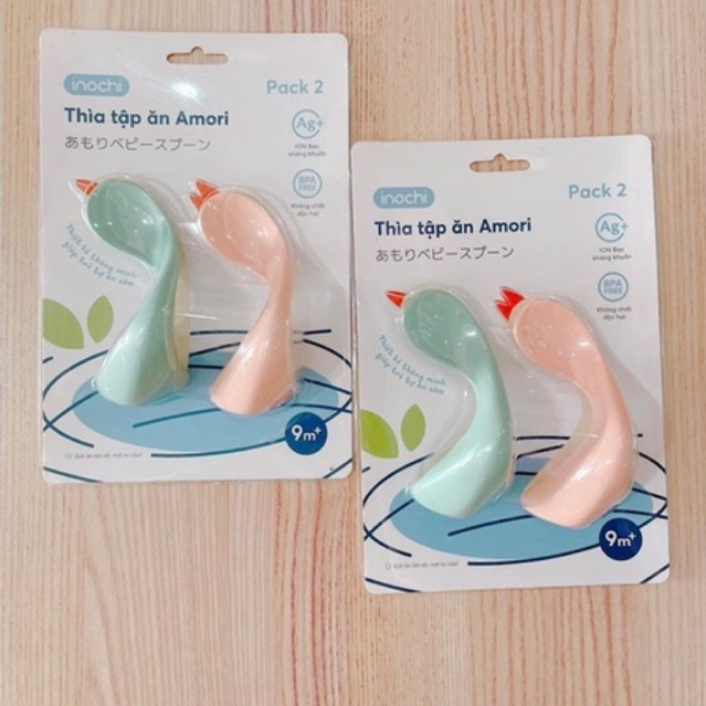 Bộ 2 Thìa Nhựa TẬP ĂN AMORI Inochi Thiết Kế Muỗng Thông Minh Cho Bé Tập Tự Xúc Ăn