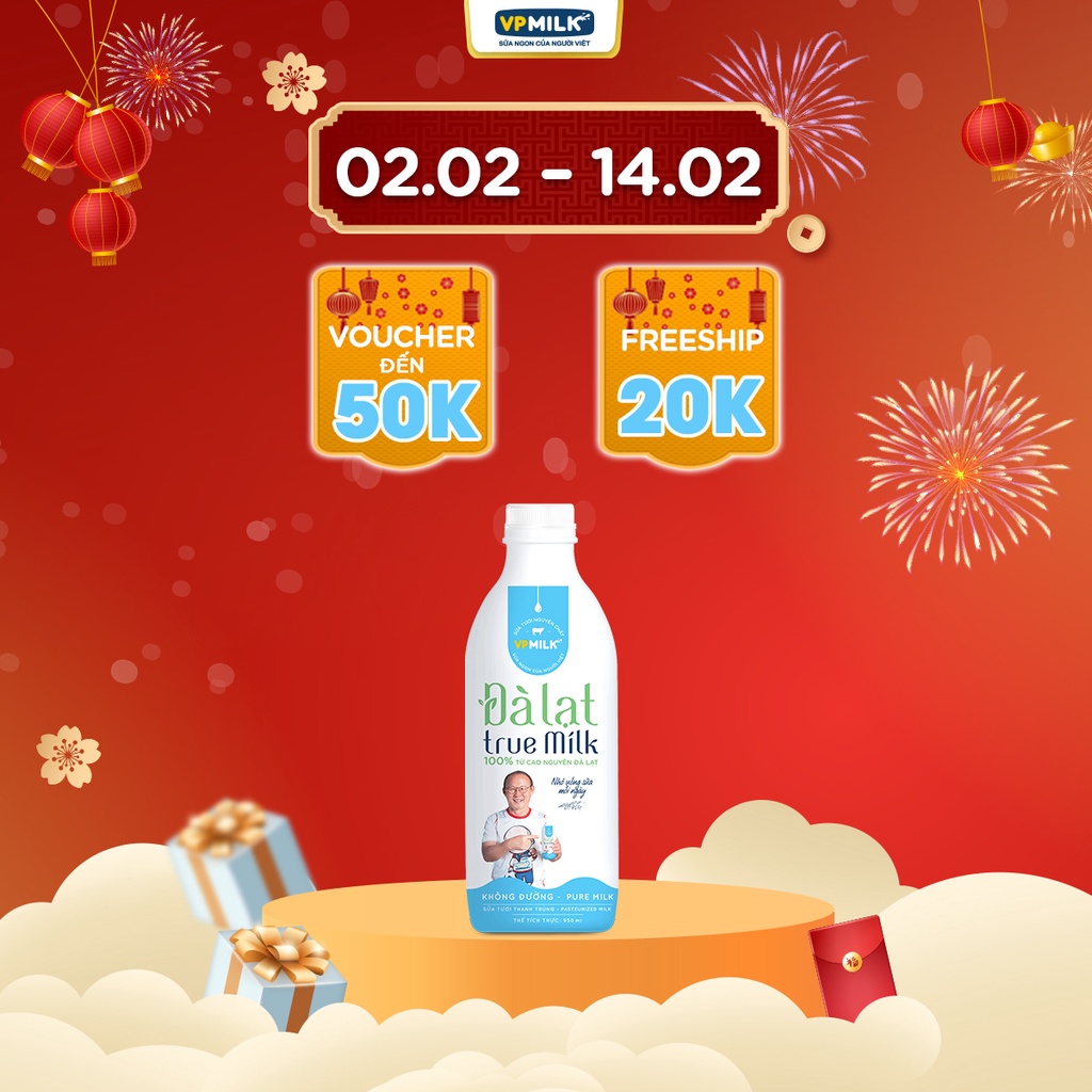 [Mã BMLTA50 giảm đến 50K đơn 99K] Sữa Tươi Thanh Trùng VPMilk Đà Lạt True Milk không đường 950ml