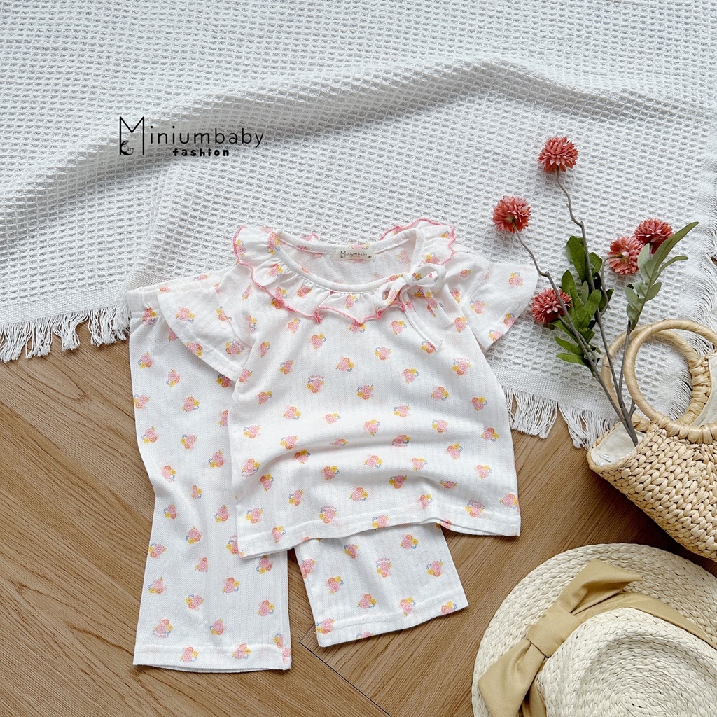 Đồ bộ cộc tay quần lỡ phối cổ bèo cho bé trai/gái Minium, set quần áo hè trẻ em, miniumbabyfashion SB1340