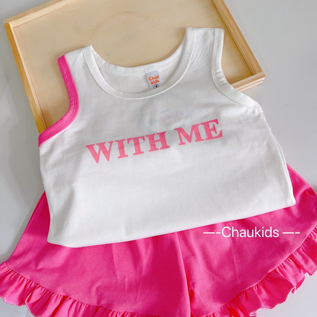 Bộ hè cho bé gái , Sét bộ áo cotton 3 lỗ With Me phối quần viền bèo siêu đẹp cho bé gái.