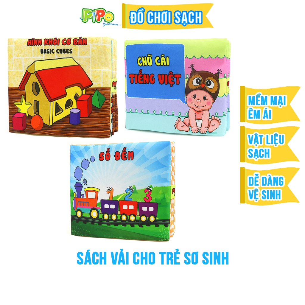 Bộ 3 sách vải cho bé PiPoVietnam - chủ đề Số Đếm - Chữ cái Tiếng Việt - Hình Khối