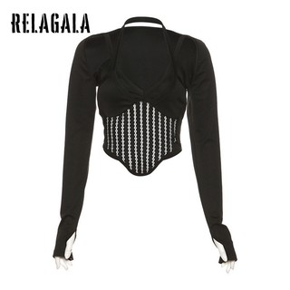 RelaGala Thời Trang Nữ Cổ Chữ V Gợi Cảm Rỗng Ra Mỏng Không Đều Áo Thun Dài Tay