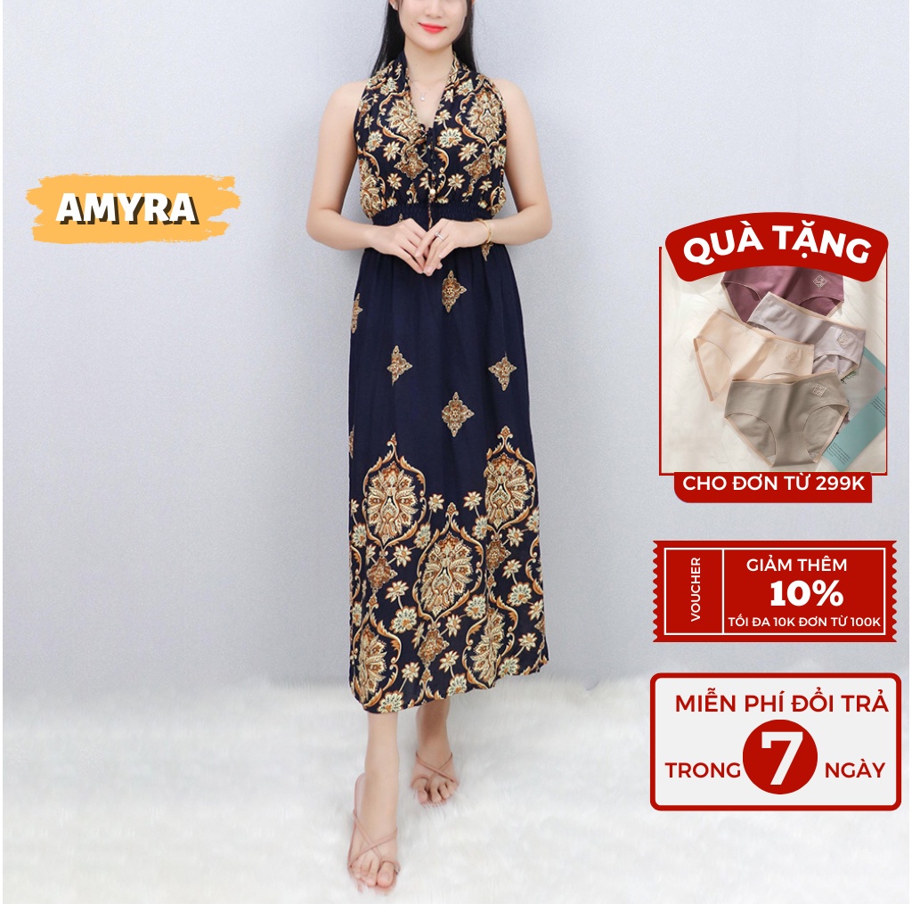 Đầm maxi đi biển họa tiết độc đáo mát mẻ dễ chịu lanh thái cao cấp AMYRA - Váy tặng mẹ đi chơi đi du lịch đều được mx018