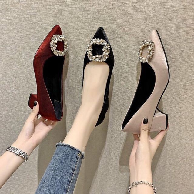 (ORDER) Giày cao gót 5cm nhũ lụa mềm đá vuông BIG SIZE 35-43 - Hàng Quảng Châu