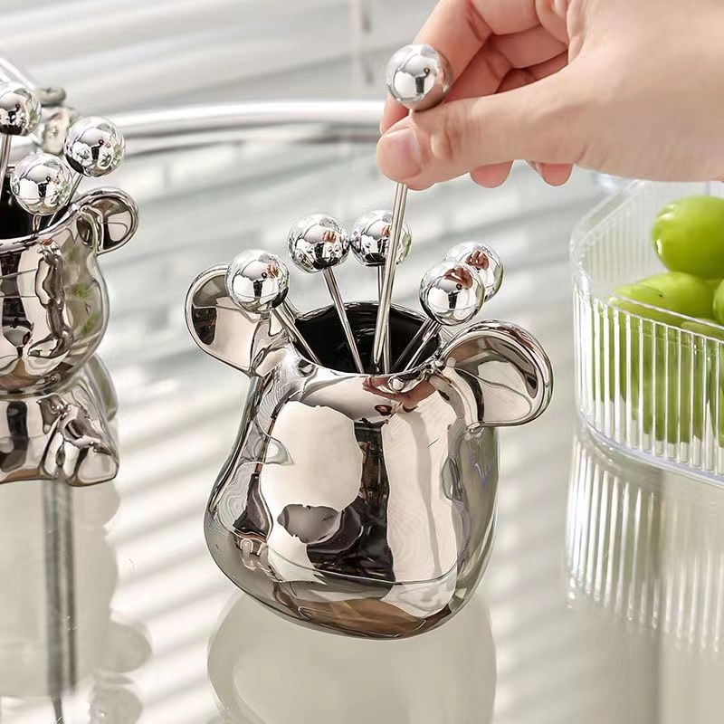 Bộ Nĩa Ăn Trái Cây Bằng Thép Không Gỉ Hình Gấu Phong Cách Mới Chất Lượng Cao Trang Trí Phòng Khách Gia Đình