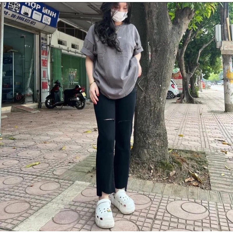 Quần Jean Nữ Ống Đứng Đen Rách/Trơn. Cạp Cao Co Giãn Mạnh