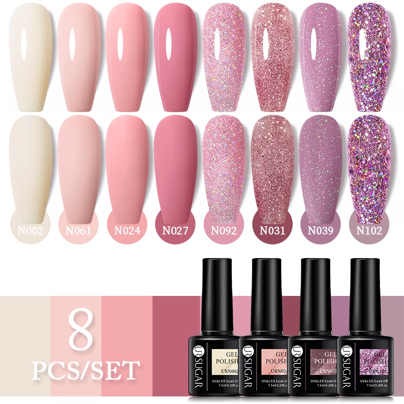Bộ gel sơn móng tay UR SUGAR với 8 màu sắc lấp lánh tùy chọn 7.5ml
