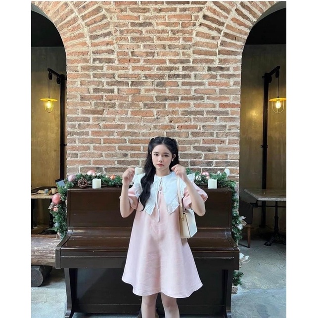 Đầm babydoll hồng cổ sen trắng
