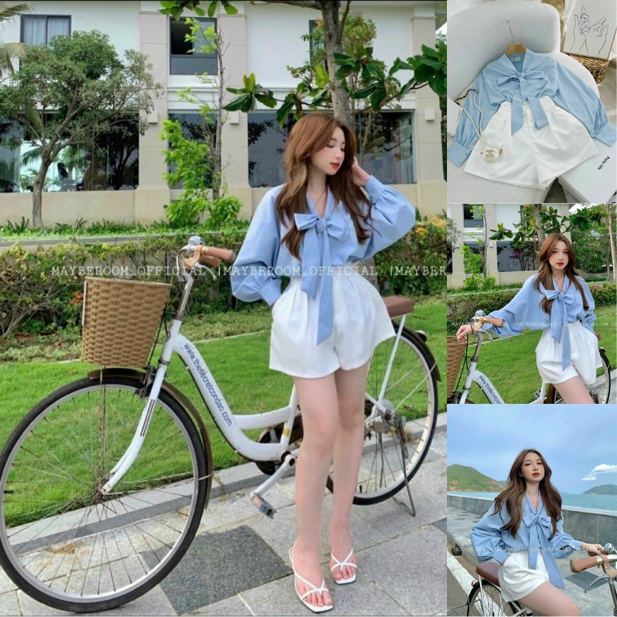 Set Đồ Bộ Nữ Áo from Rộng Kết Nơ Màu Xanh Dương Tiểu Thư Dạo Phố Đi Biển Điệu Đà Sang Chảnh Thời Trang MJP