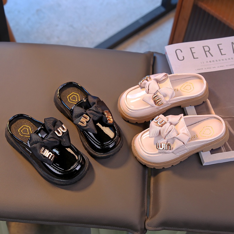Dép Da Mũi Tròn Đính Nơ Chống Trượt Thời Trang Xuân Hè 2023 Cho Bé Gái