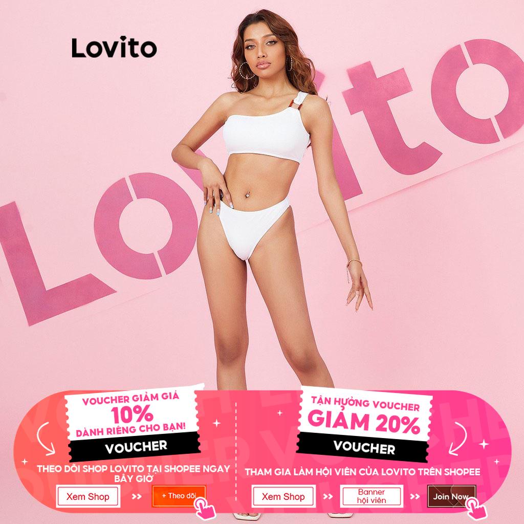 Set bikini Lovito trễ vai kiểu dáng không đối xứng màu trơn sexy L16X215 (màu trắng)