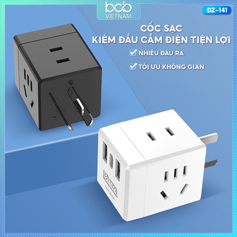 Phích Cắm Vuông Siêu Chịu Tải 1 Chia 3 Công Suất 2500w Kèm Theo Cổng Đầu Ra Usb Tiện Lợi DZ-141