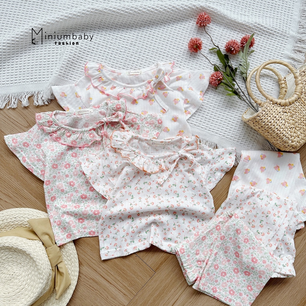 Đồ bộ cộc tay quần lỡ phối cổ bèo cho bé trai/gái Minium, set quần áo hè trẻ em, miniumbabyfashion SB1340