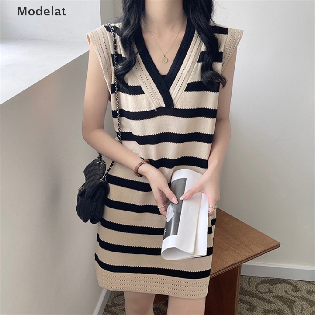 Mfc Đầm Dệt Kim Dáng Rộng Cổ Chữ V Không Tay In Họa Tiết Kẻ Sọc Thời Trang Mùa Hè 2022 Cho Nữ