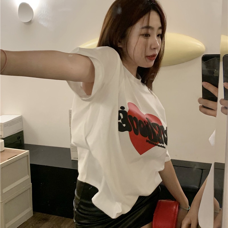 IELGY   Áo Thun Nữ Ngắn Tay In Hình Trái Tim