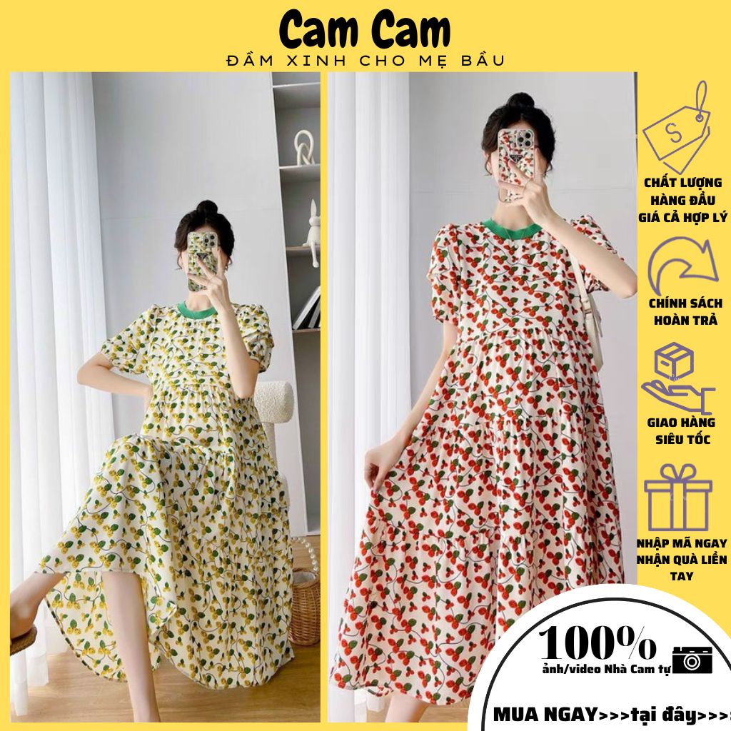 Váy bầu hoa nhí chất liệu lụa sang trọng 2 màu xinh xắn Freesize (48-70kg)