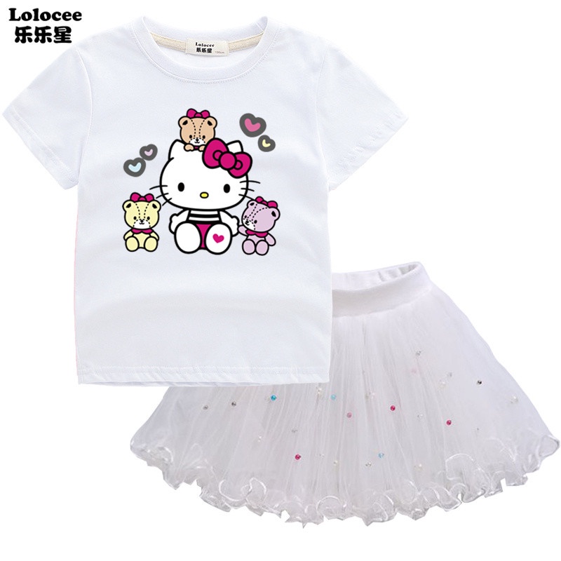 Set Áo Thun In Hình Hello Kitty Và Chân Váy Xòe Đáng Yêu Dành Cho Bé Gái