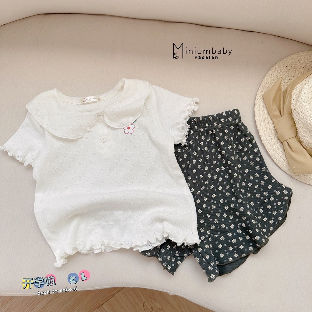 Đồ bộ bé gái Miniumbaby chất cotton mát mẻ, bộ cộc tay cho bé mặc nhà cổ bèo phối tay điệu và quần giả váy-SB1453