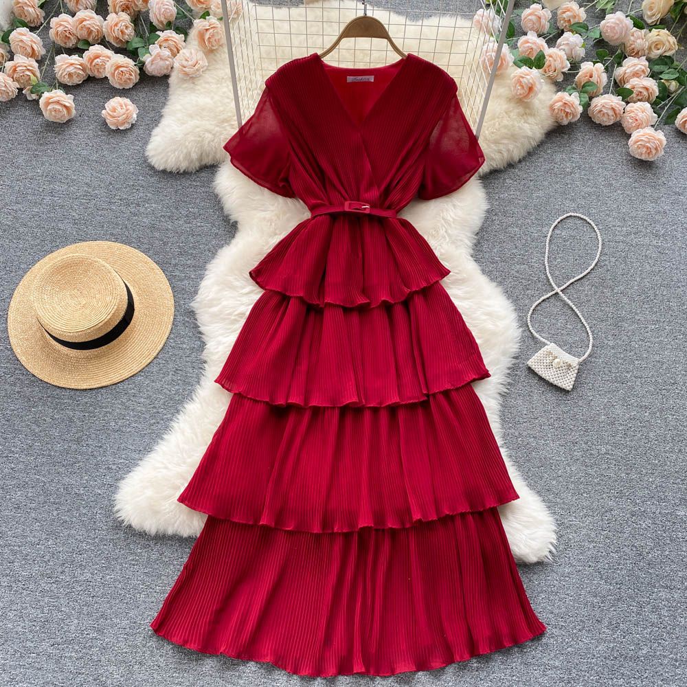 Đầm Voan Cổ Chữ V Cột Dây Nhấn Eo Thanh Lịch Thời Trang Cho Nữ
