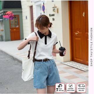 Áo croptop cổ polo phối màu đen trắng nữ dáng đẹp, áo kiểu cổ bẻ tay ngắn chất thun cotton thu'style