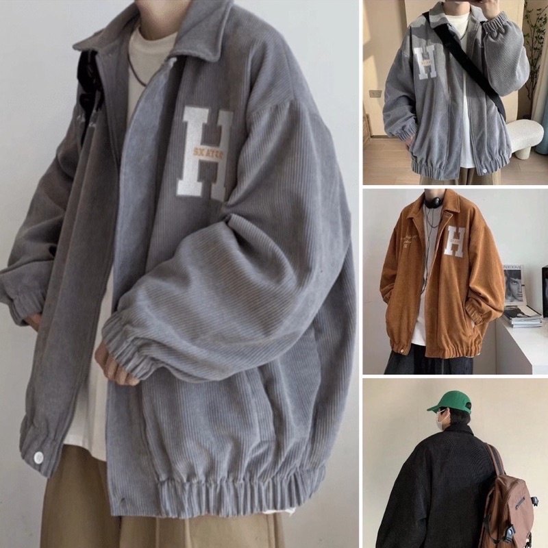 Áo Khoác Jacket phối zip HEGI vải nhung gân màu NÂU  Nam nữ unisex  Áo khoác form rộng Jaystoree