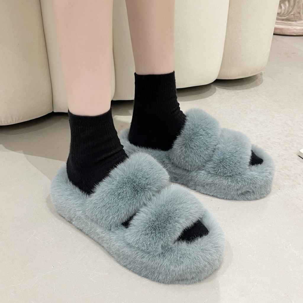 Dép Lông Xù Quai Ngang Đế Dày Thời Trang Thu Đông Hàn Quốc mt01