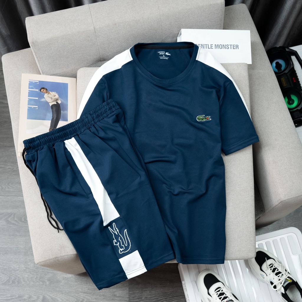 Bộ Thể Thao Lacoste Logo Thêu Nổi, Bộ Hè Cổ Tròn Cộc Tay Nam Chất Vải Cá Sấu Thấm Hút Mồ Hôi