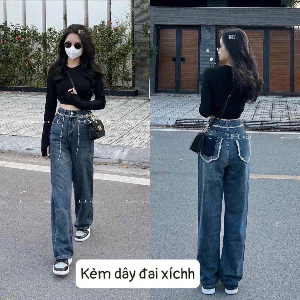 Quần bò jeans ống xuông cạp tua mài túi sau kèm dây đai xích đai chuông hot