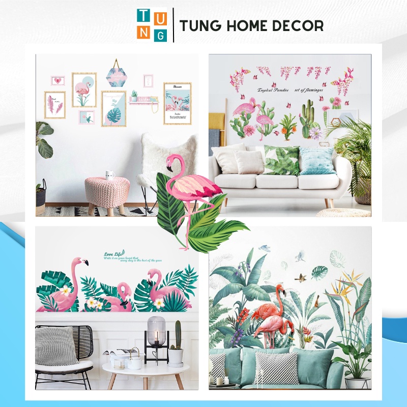 Decal dán tường hàn quốc trang trí phòng ngủ TUNG DECOR Con Hồng Hạc KT 60x90cm