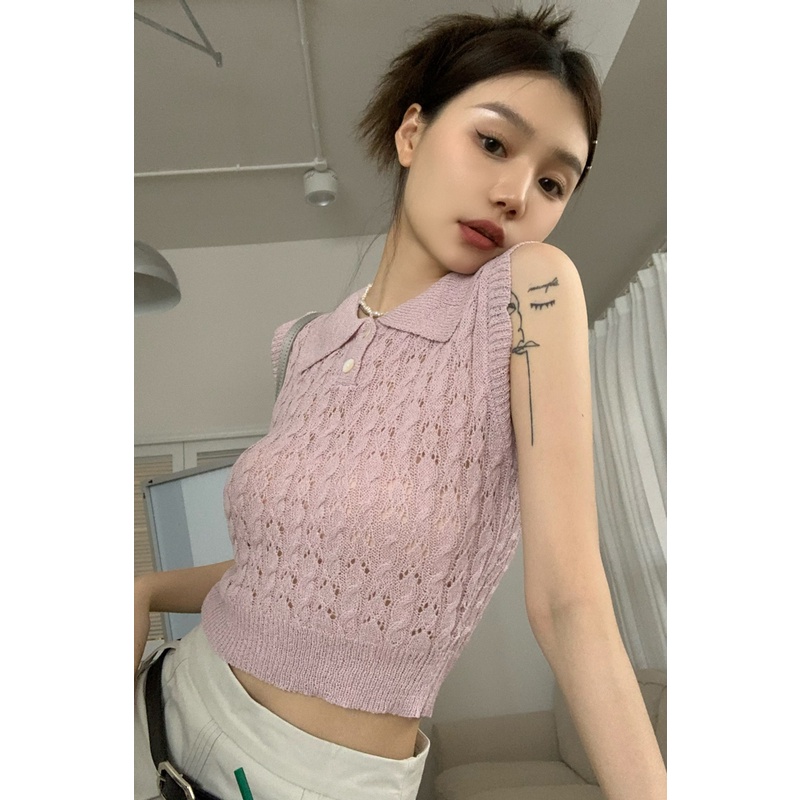 Áo Dệt Kim Sát Nách Dáng Ngắn Thời Trang Cho Nữ